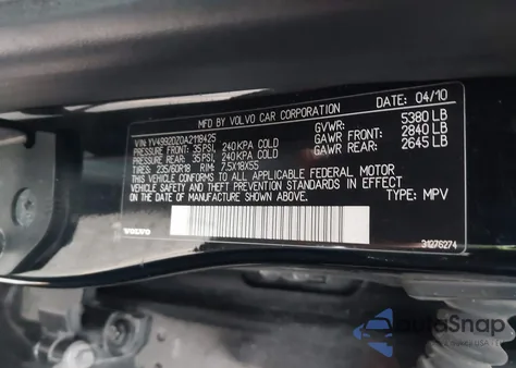 2010 Volvo Xc60 T6/T6 R-Design from USA, damaged, VIN YV4992DZ0A2118425